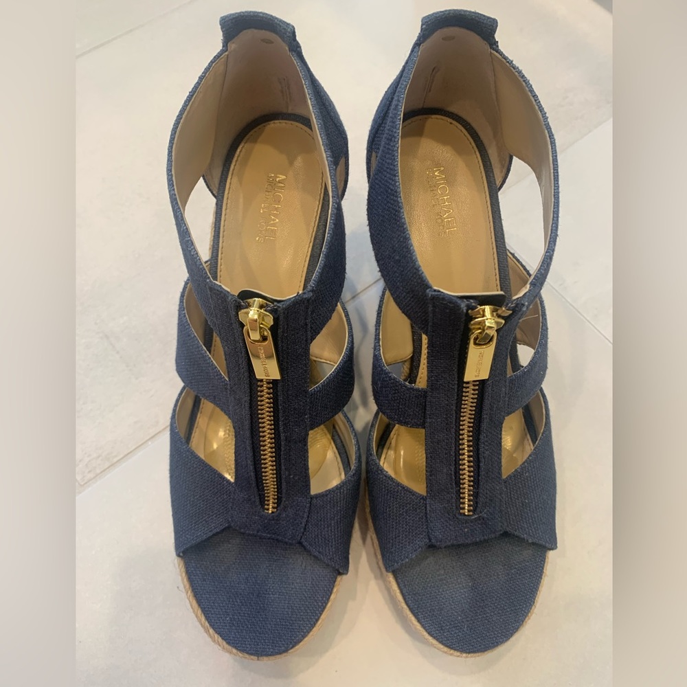 Michael Kors Damita wedge sandal- navy blue with gold zipper